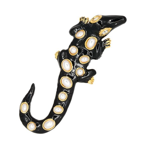 KENNETH JAY LANE, BLACK ENAMEL AND PEARL ALLIGATOR PIN, CRYSTAL EYES - Picture 1 of 2